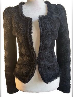 Black Textured Rosette Jacket Korean Vintage Puff Sleeve Blazer Mundo S